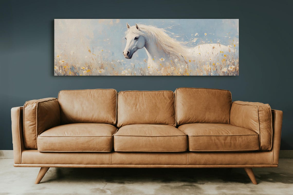 White Horse Running Through Daisy Field Panoramic Equine Poster - Image 4