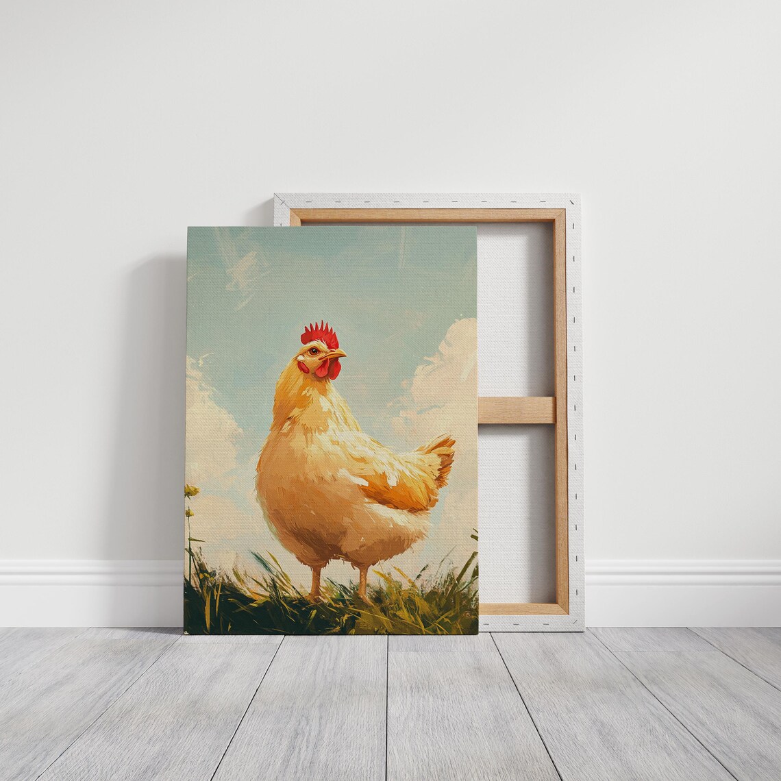 Plump Golden Hen Standing in Tall Grass Pastoral Oil Art Poster - Image 3