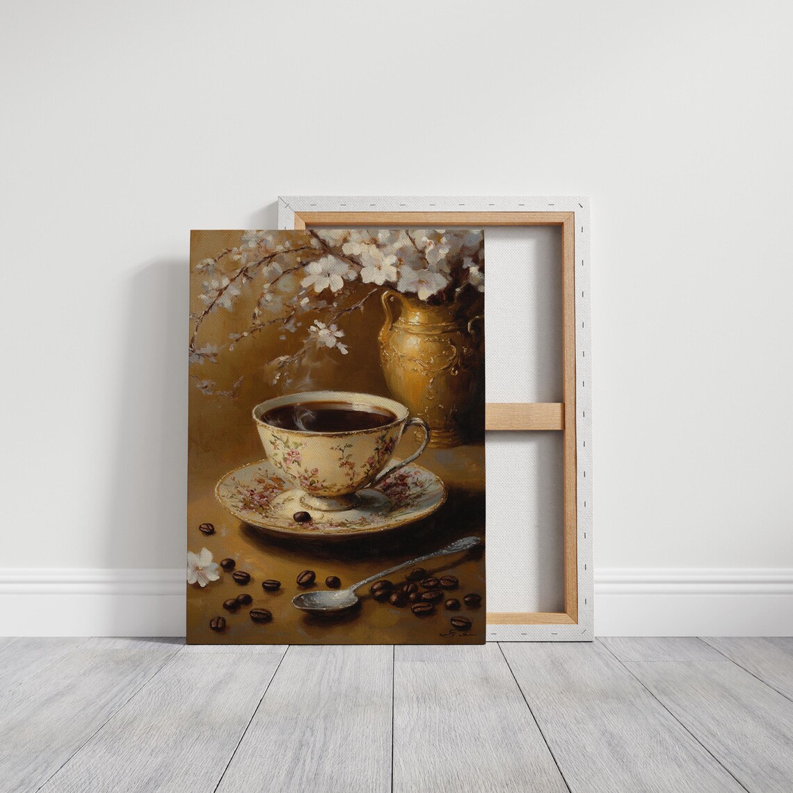 Vintage Floral Teacup Coffee Beans Golden Vase Still Life Poster - Image 4