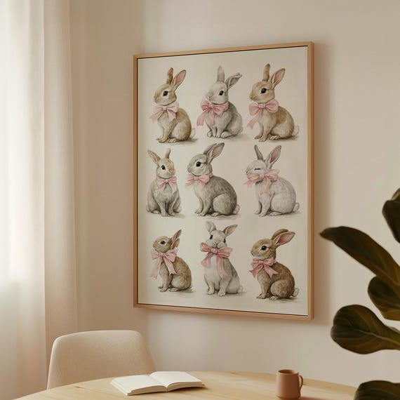 Adorable Bunny Wall Art Cute Rabbits With Pink Bows Print For Nursery Kids Room Or Easter Home Decor