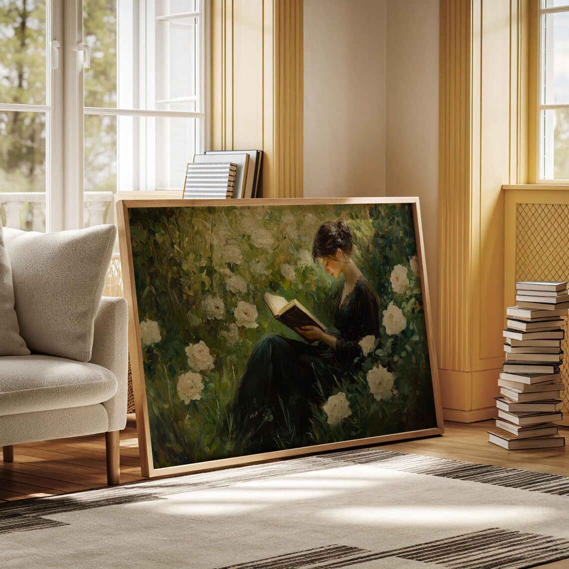 Elegant Woman Reading Among White Roses Vintage Art Print