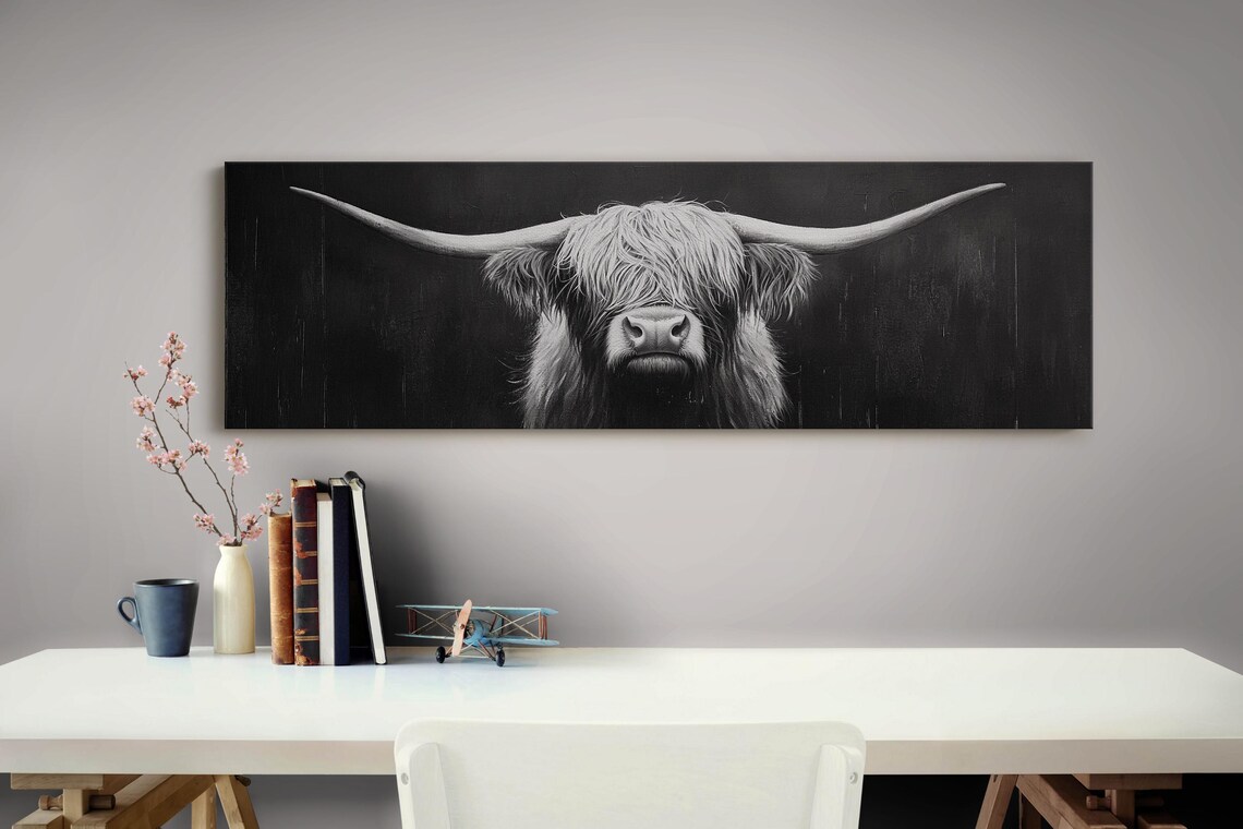 Highland Cow Black and White, Minimalist Farmhouse Art Print - Image 3