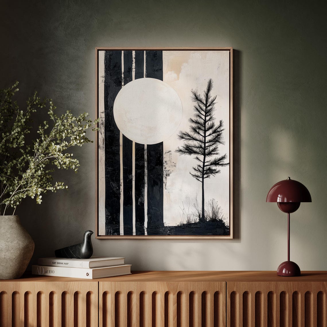 Minimalist Black And White Pine Tree Full Moon Abstract Zen Wall Art Japanese Inspired Nature Print - Image 2