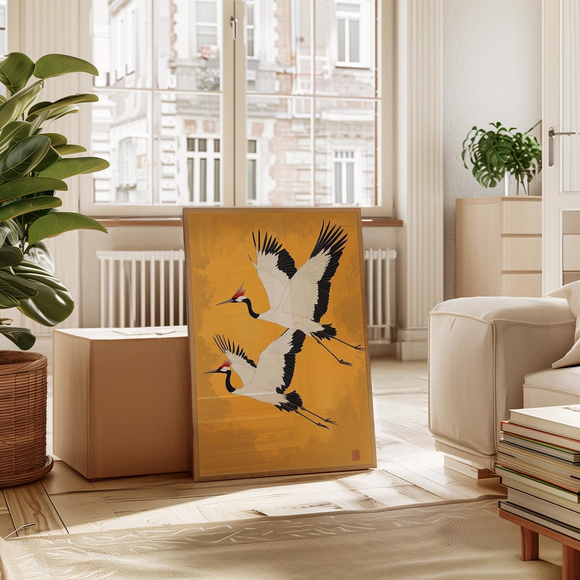 Pair of Red Crowned Cranes Soaring on Gold Japanese Art Poster - Image 5