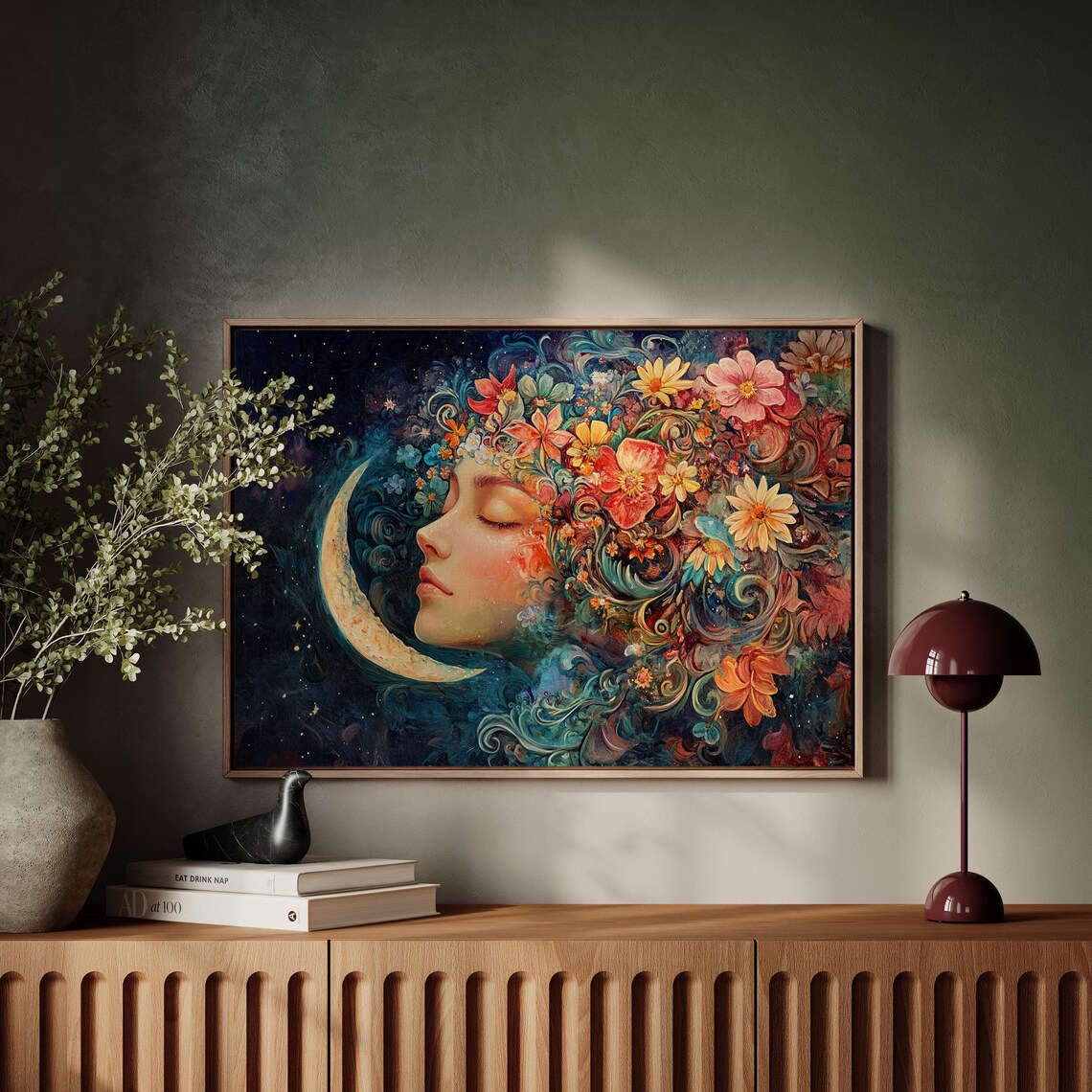 Dreamy Celestial Woman With Flower Hair And Crescent Moon Poster - Image 6