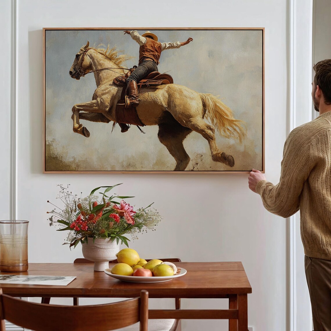 Cowboy On Bucking Horse Rodeo Action Painting Western Poster
