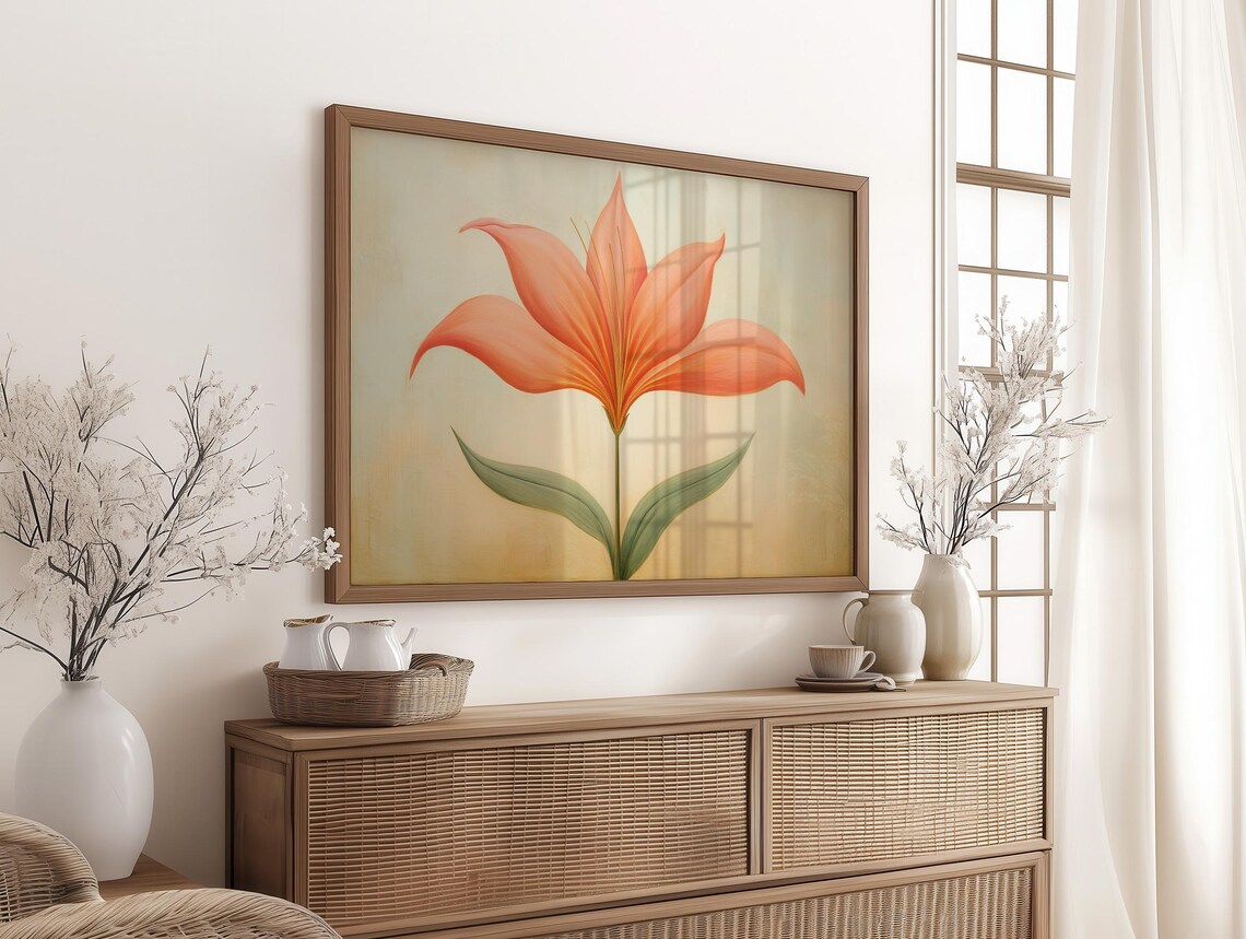 Soft Coral Lily Bloom Minimalist Botanical Flower Art Poster