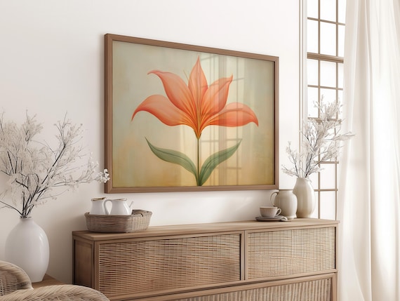Soft Coral Lily Bloom Minimalist Botanical Flower Art Poster