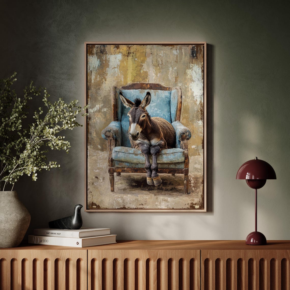 Charming Donkey Sitting in a Rustic Blue Armchair Art Poster - Image 6