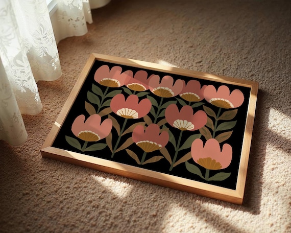 Pink Poppies On Black Background Scandinavian Style Floral Poster