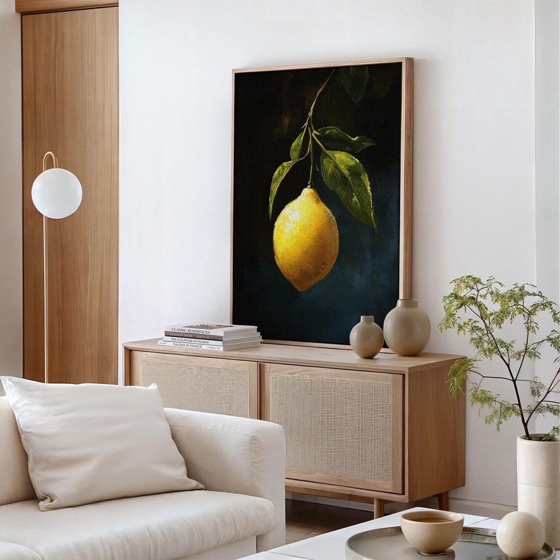 Single Ripe Lemon Hanging Dark Moody Citrus Still Life Art Poster - Image 2