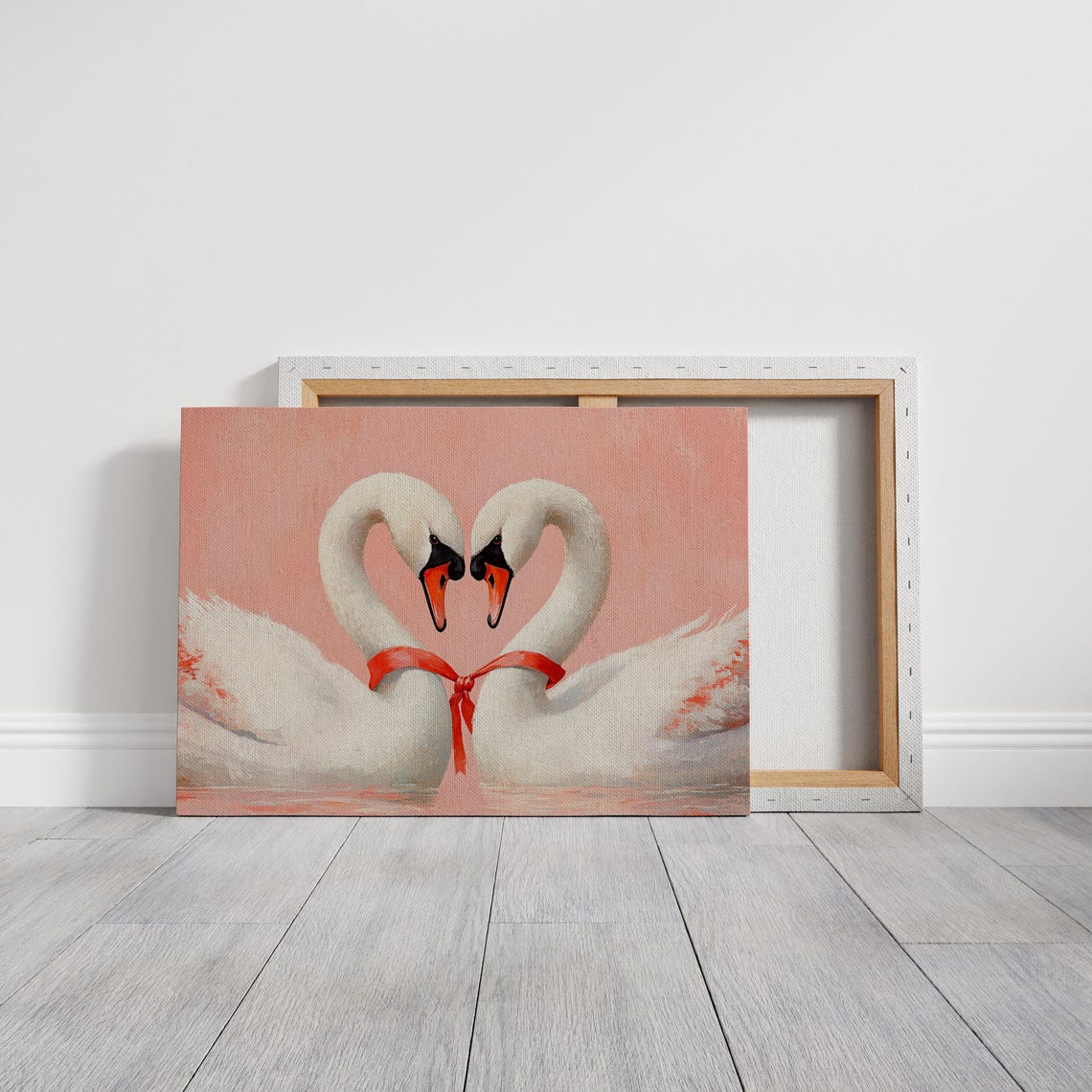 White Swans Forming Heart With Red Ribbon Romantic Painting Poster - Image 4