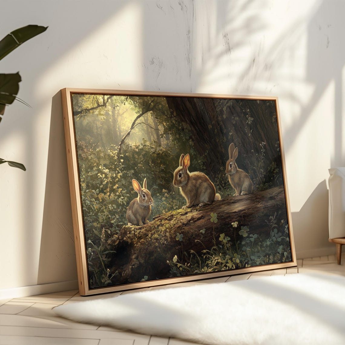 Three Rabbits on Mossy Log in Sunlit Forest Wildlife Painting Wall Art