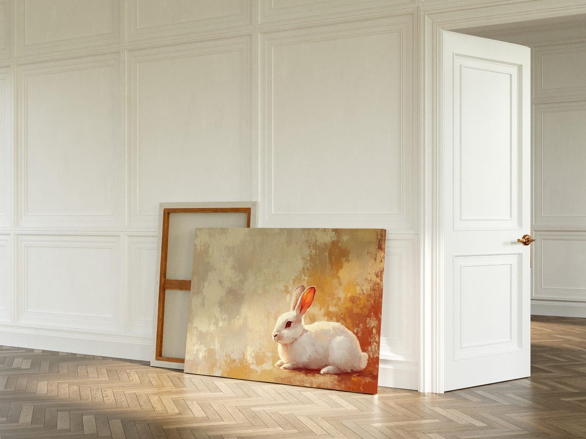 White Rabbit Resting on Warm Golden Textured Background Poster - Image 3