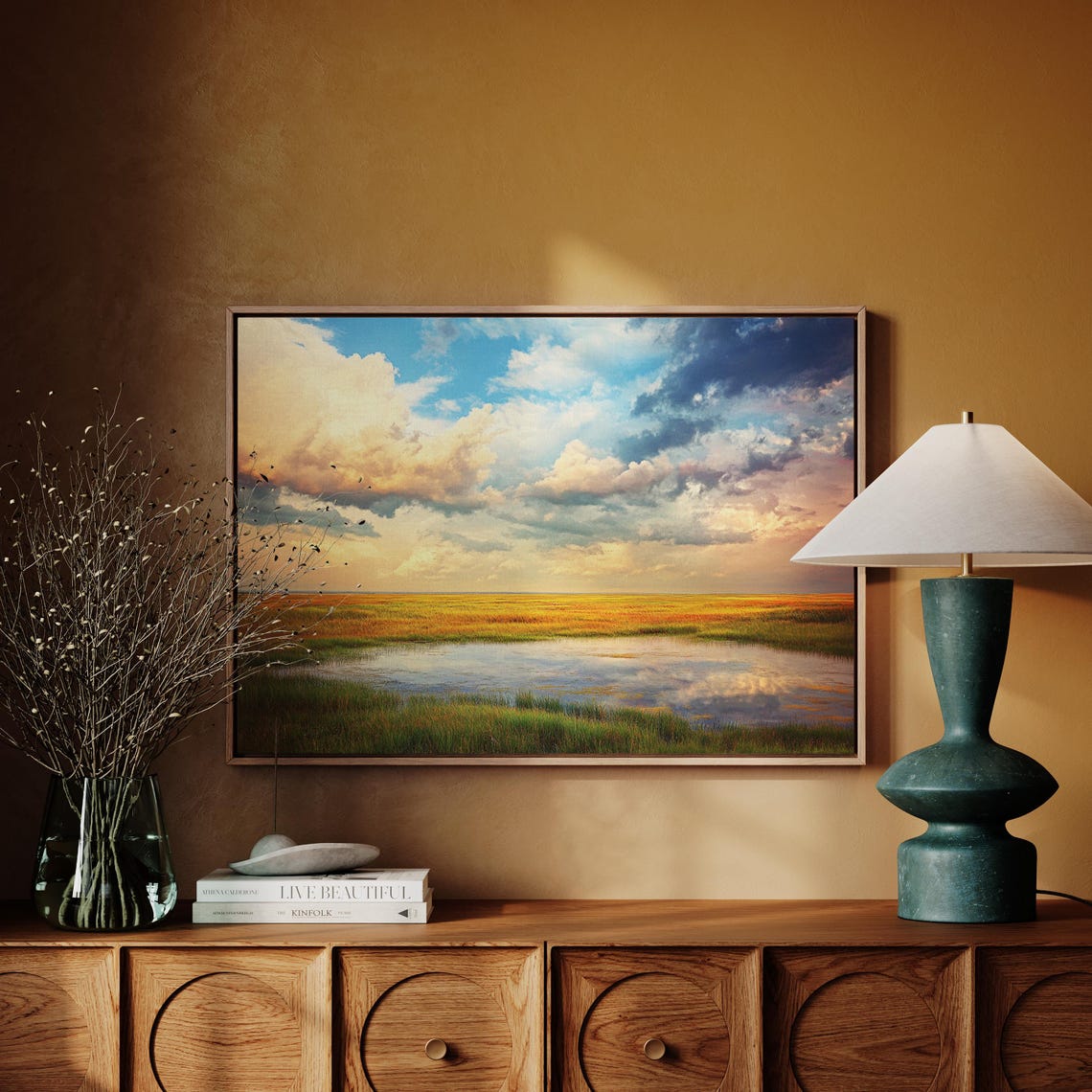 Serene Golden Field Art Tranquil Landscape With Reflective Pond Stunning Sky Nature Wall Decor For Home Or Office