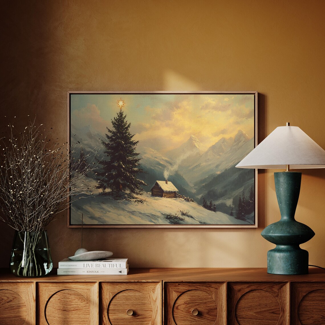 Rustic Christmas Cabin, Snowy Mountain Sunset - Image 3