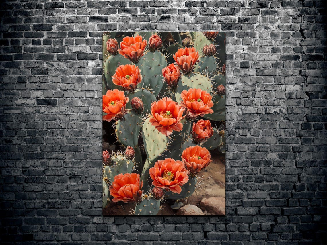 Blooming Prickly Pear Cactus Coral Flowers Desert Botanical Art Poster - Image 2