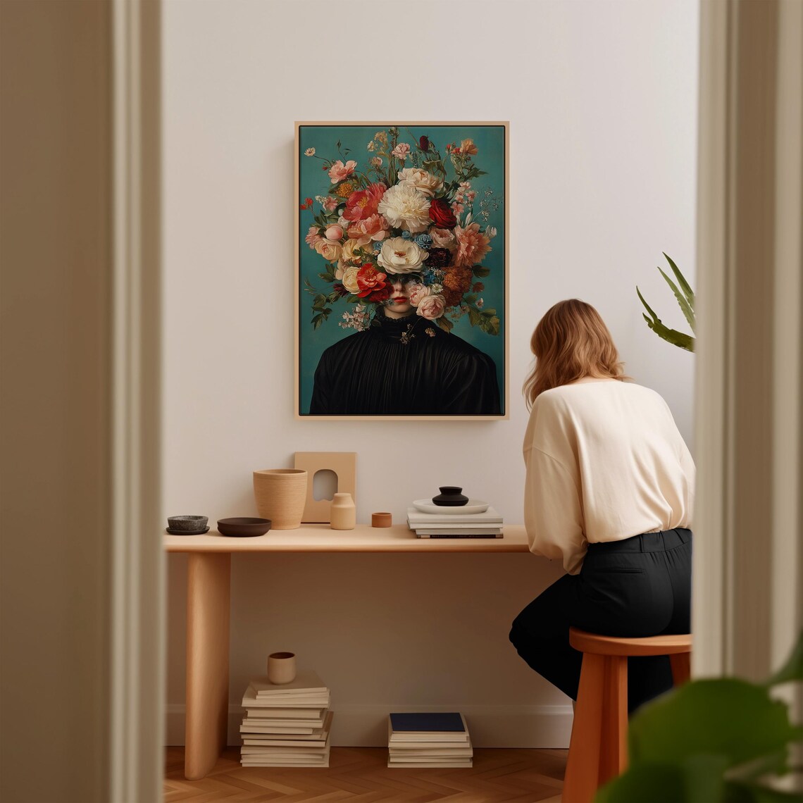 Surreal Woman with Flower Bouquet Dark Floral Portrait Art Poster - Image 3