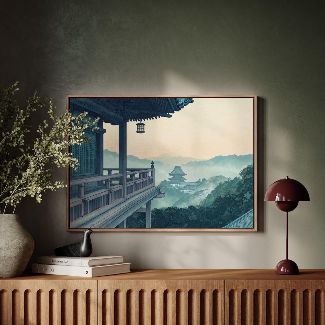 Temple Veranda Lantern View Pagoda Mist Sunset Japanese Art Poster - Image 5