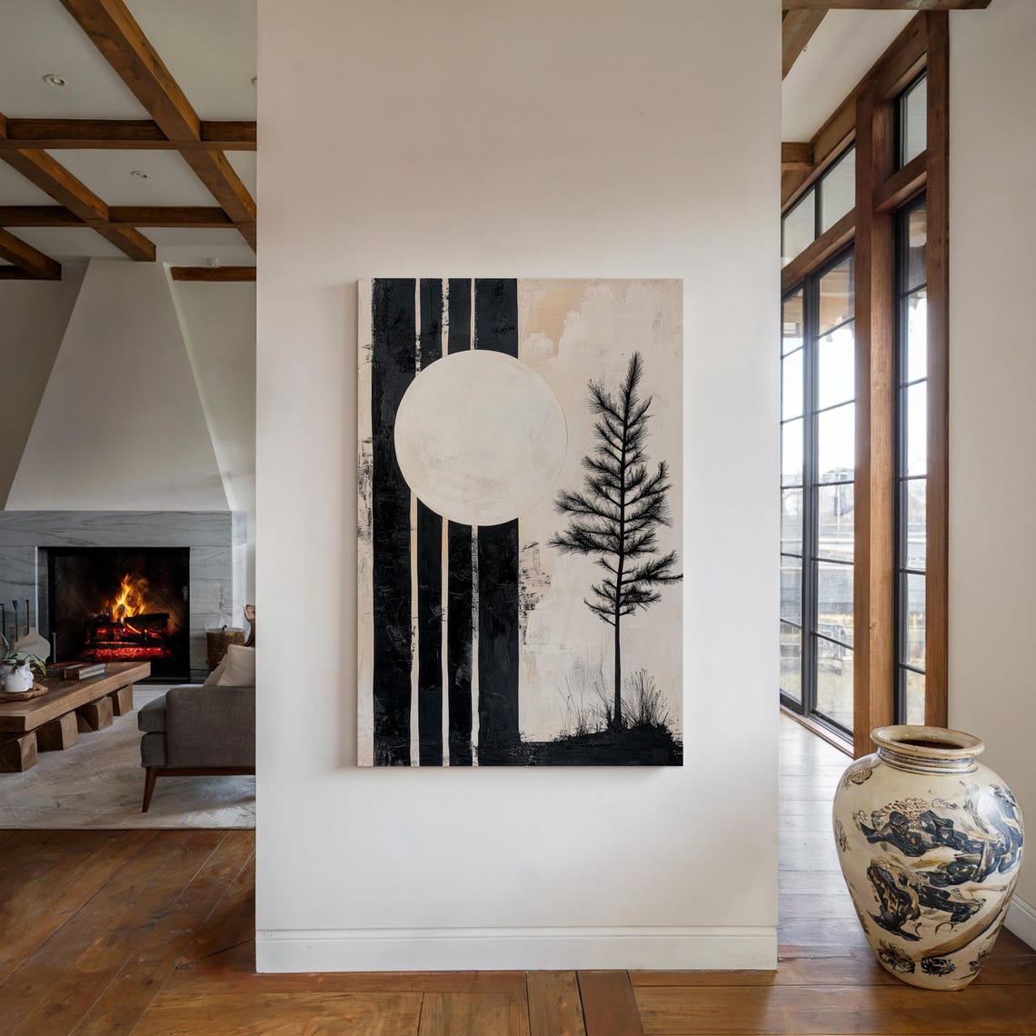 Black And White Pine Tree Full Moon Abstract Zen Wall Poster - Image 3