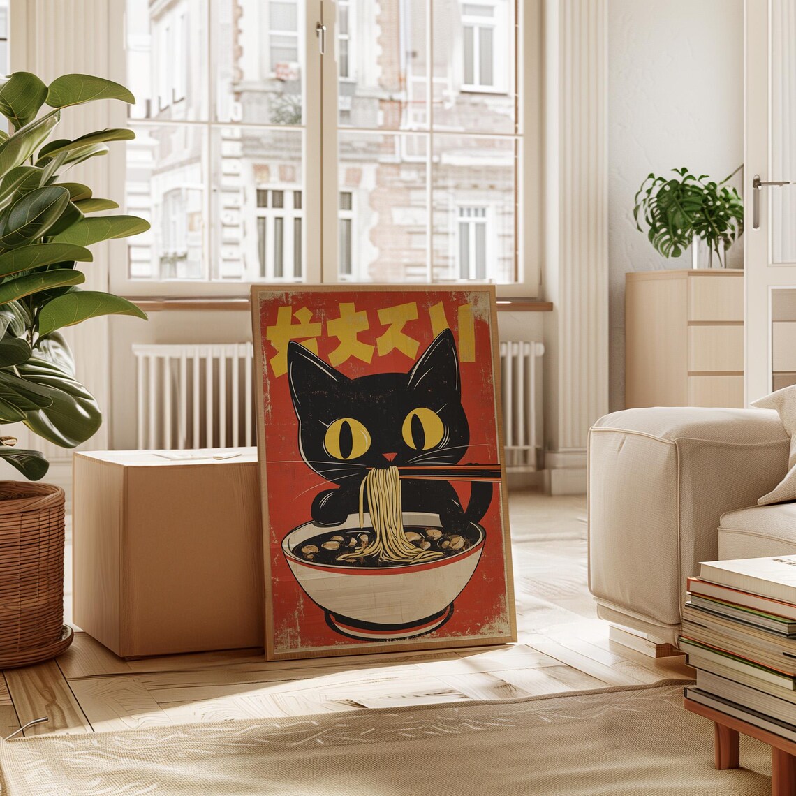 Black Cat Eating Ramen Retro Japanese Noodle Shop Art Poster - Image 2