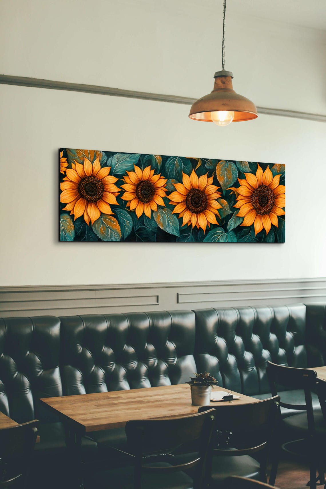 Bold Sunflowers On Teal Leaves Painterly Floral Panorama Poster - Image 7