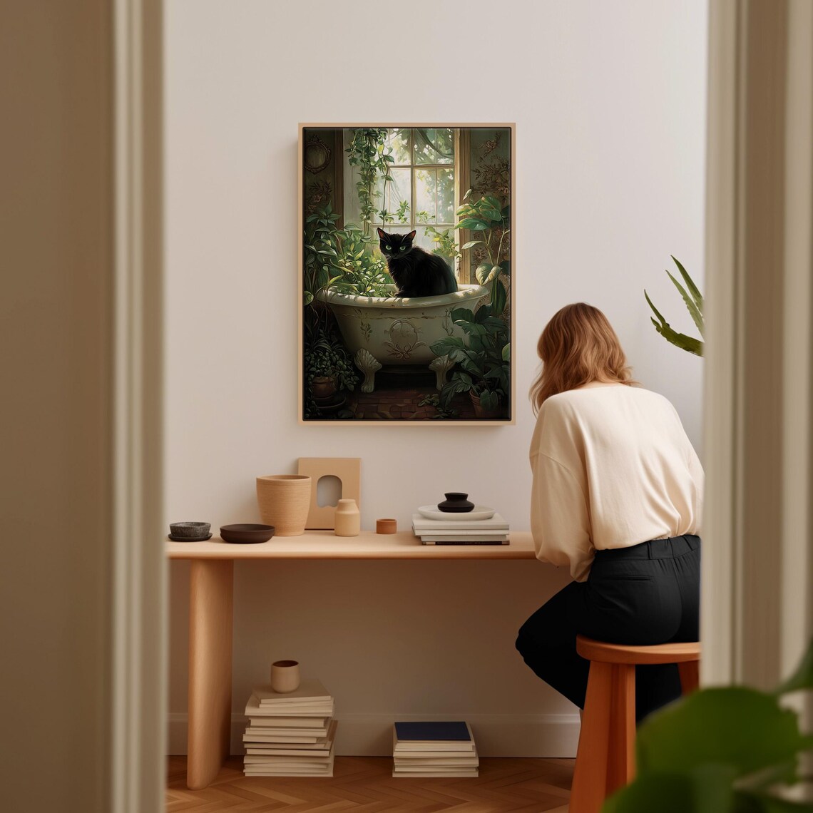Black Cat With Green Eyes In Vintage Bathtub Among Lush Houseplants Poster - Image 3