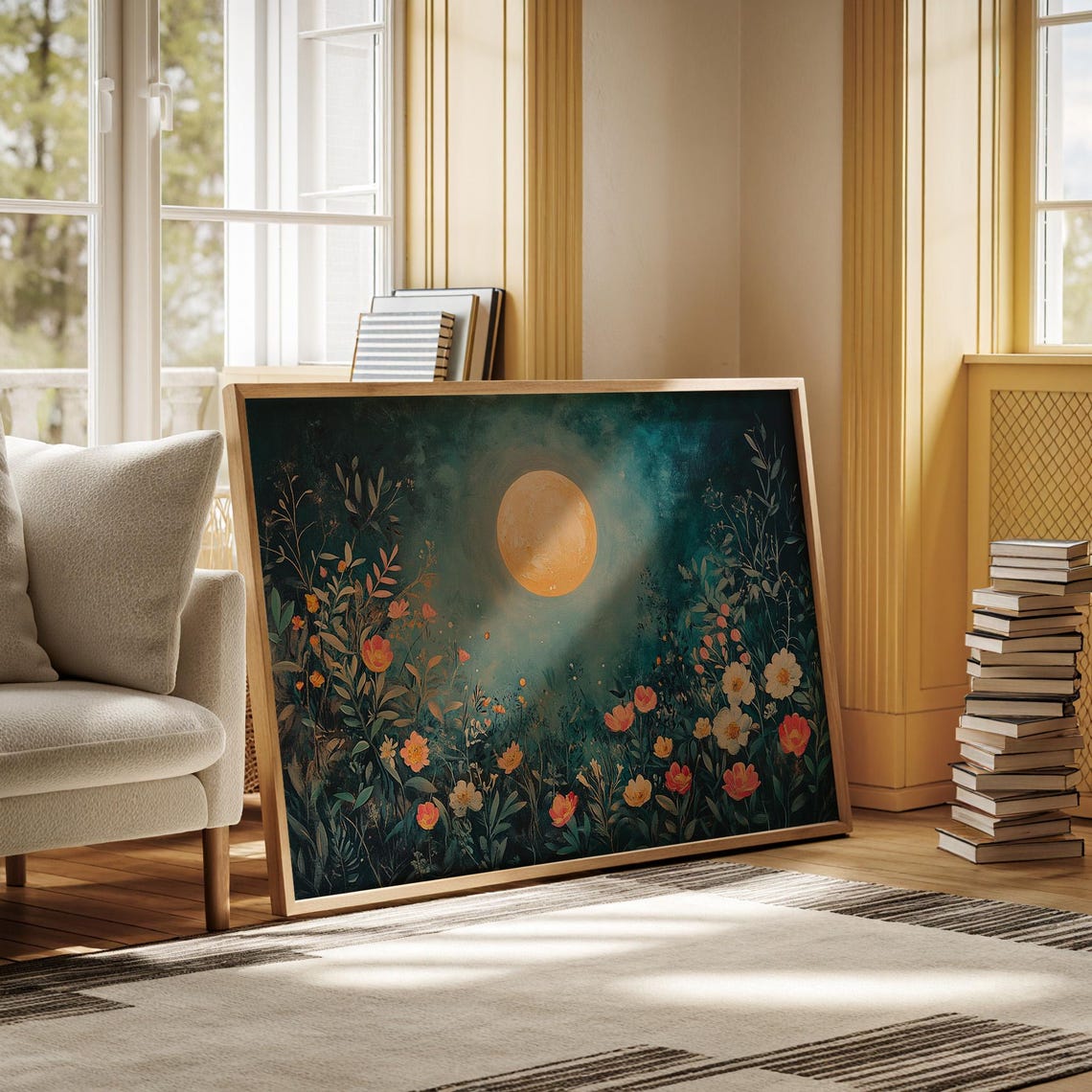 Moonlit Floral Garden With Glowing Golden Moon Teal Night Poster - Image 3