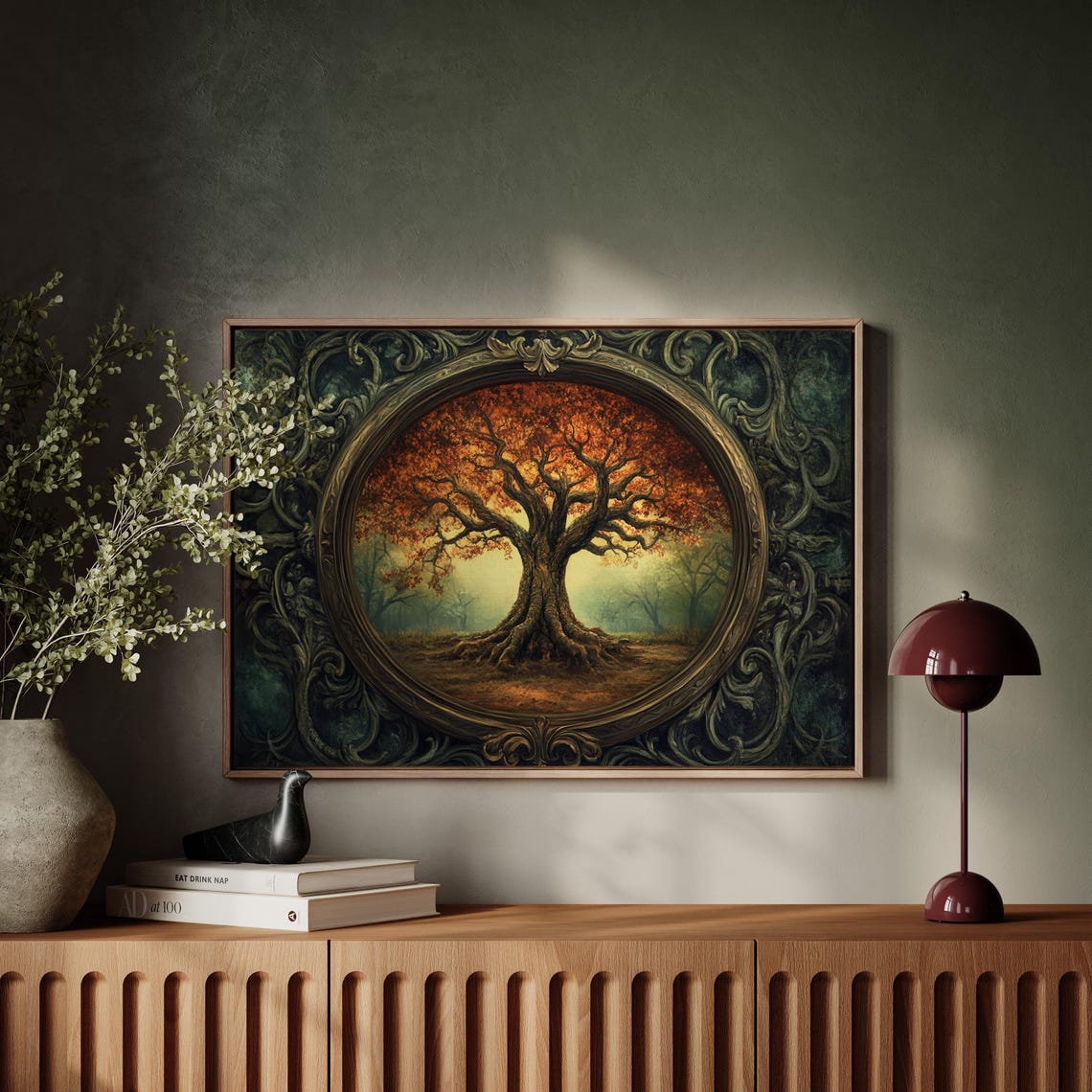 Vintage Tree of Life Autumn Foliage in Ornate Scroll Frame Art Poster - Image 3