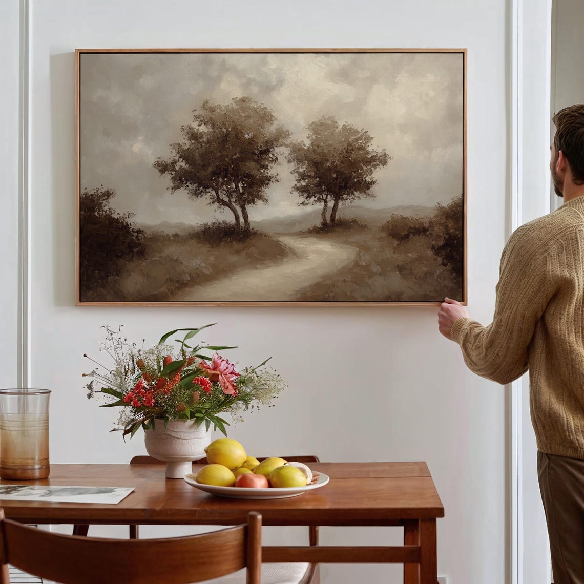 Two Trees Beside a Misty Winding Path Muted Landscape Poster
