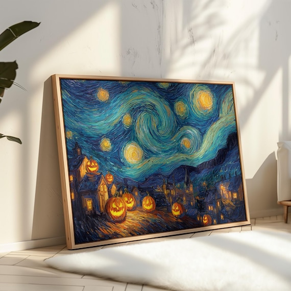 Starry Night Halloween Jack O Lantern Village Impasto Painting Poster