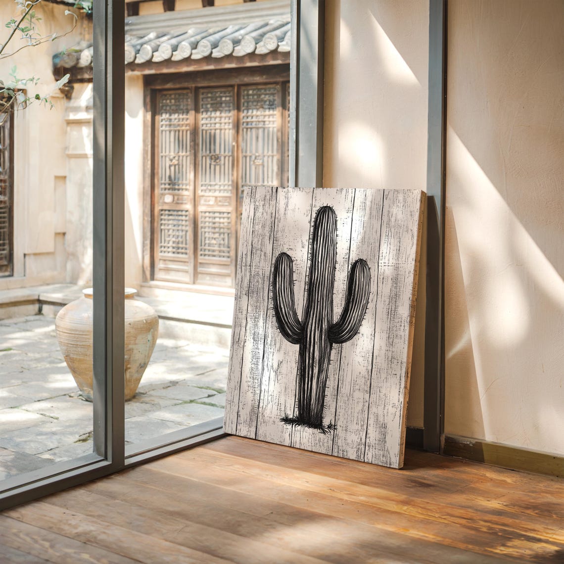 Minimalist Black and White Saguaro Cactus Sketch on Wood Print - Image 3