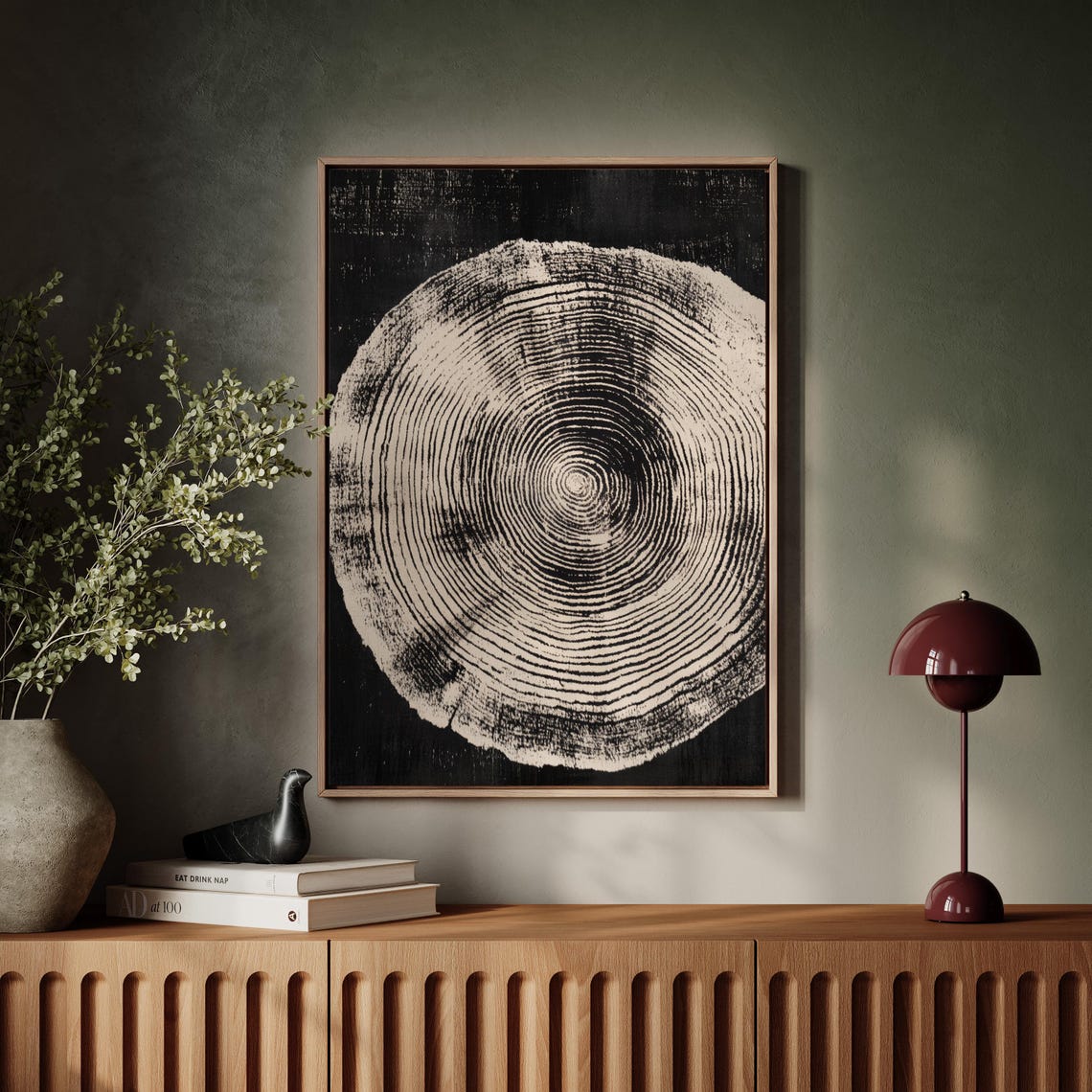 Cream Fine Tree Ring Circle On Black Elegant Gallery Art Poster
