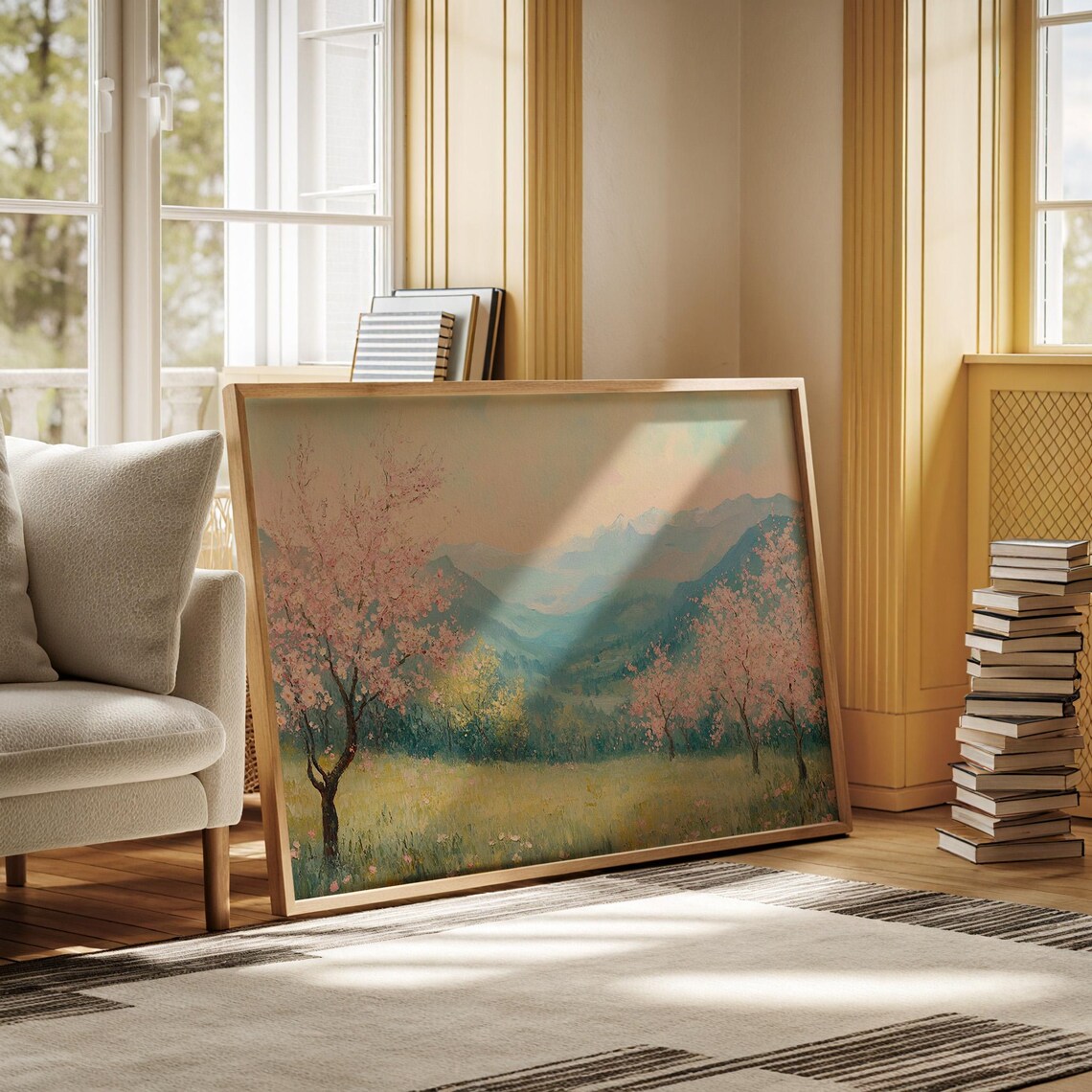 Cherry Blossom Trees In Mountain Meadow Valley Spring Landscape Wall Art - Image 7