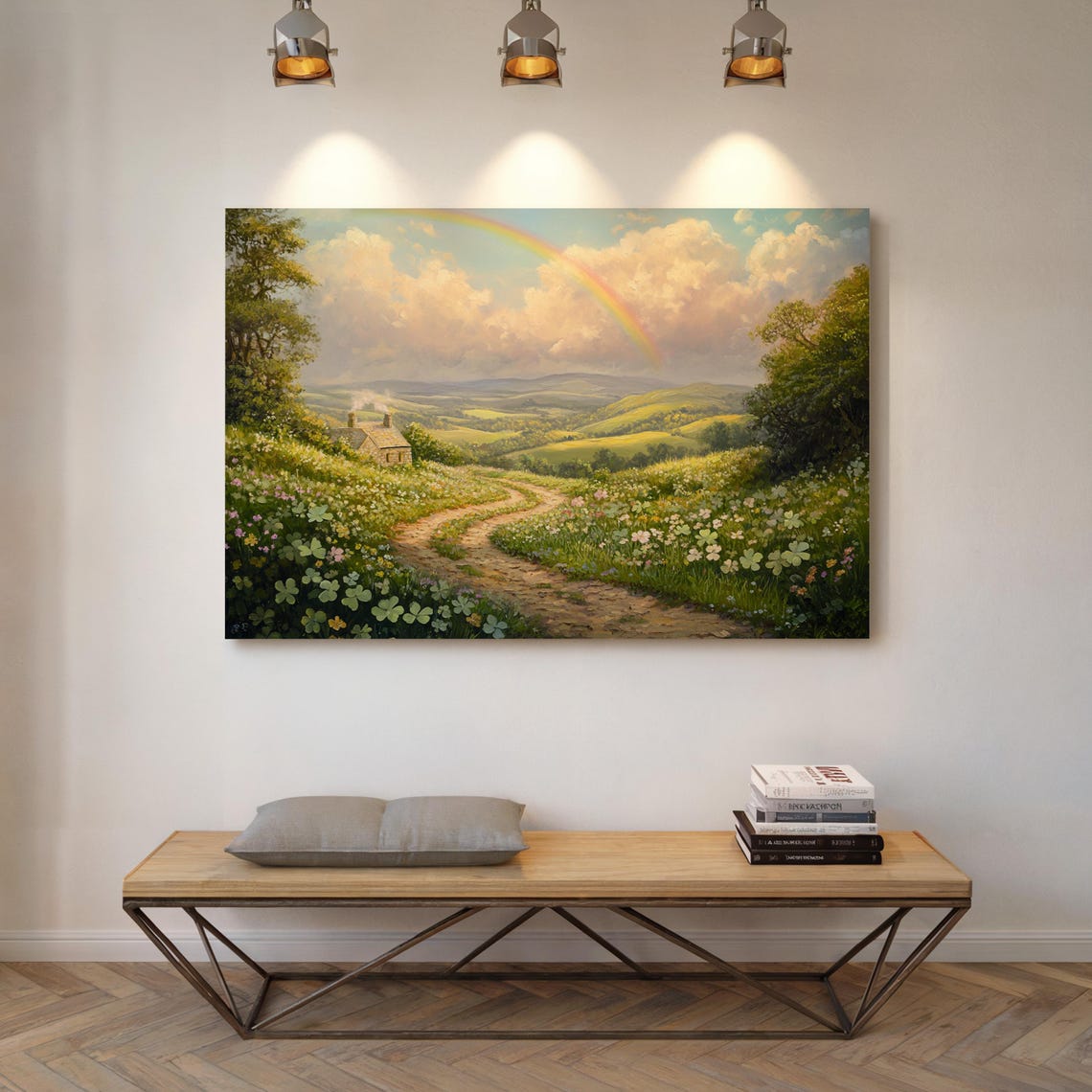 Rainbow Arched Country Cottage Winding Path Wildflower Fields Wall Art - Image 7