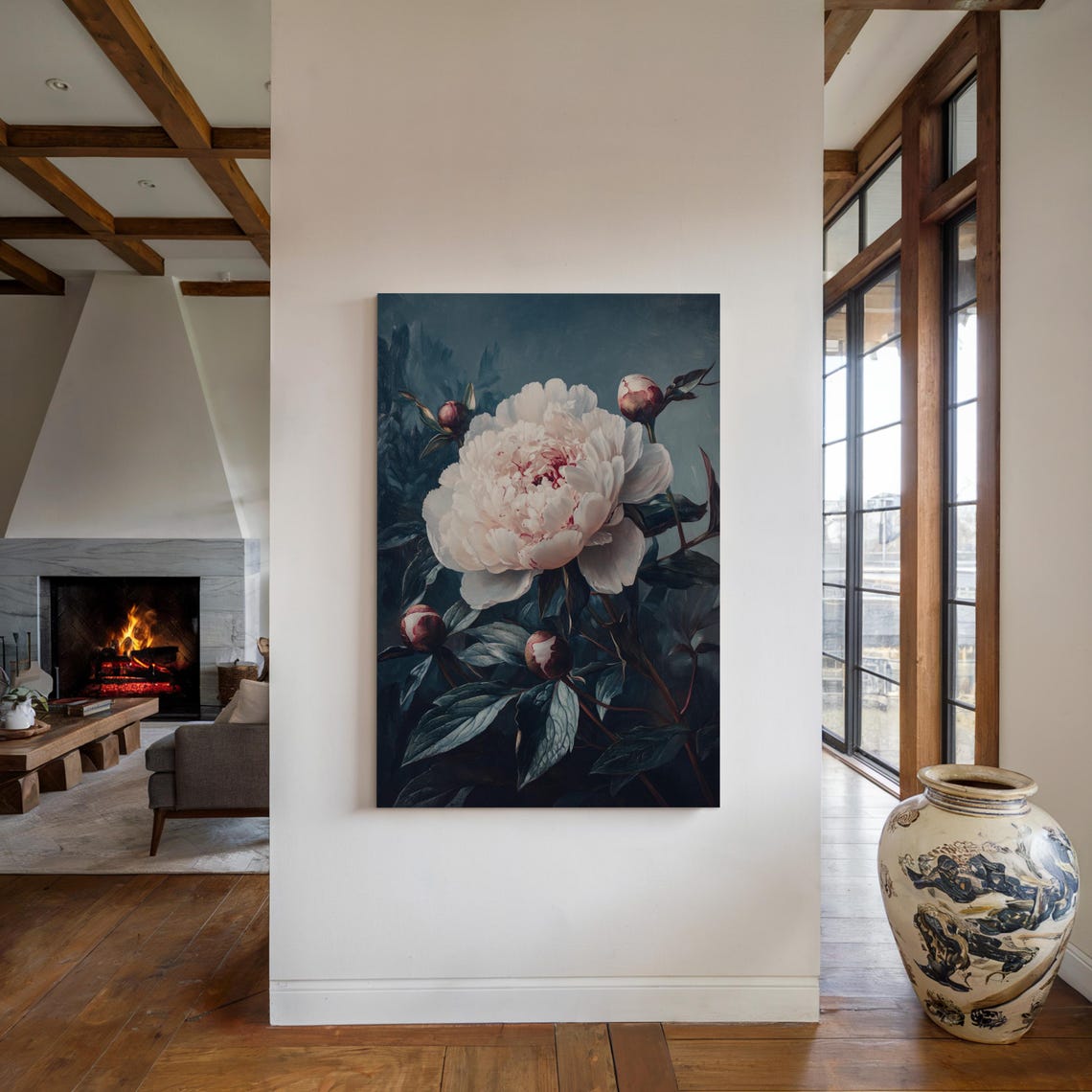 Elegant White Peony Bloom Vintage Botanical Dark Blue Wall Art - Image 3
