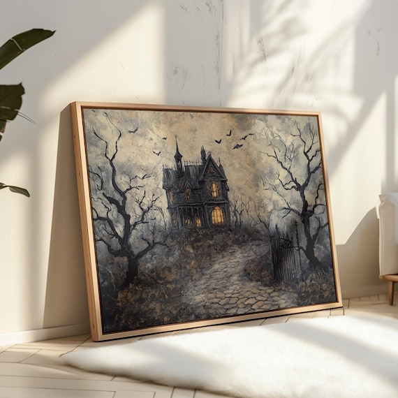 Haunted Victorian House Bats Bare Trees Gothic Halloween Mansion Poster