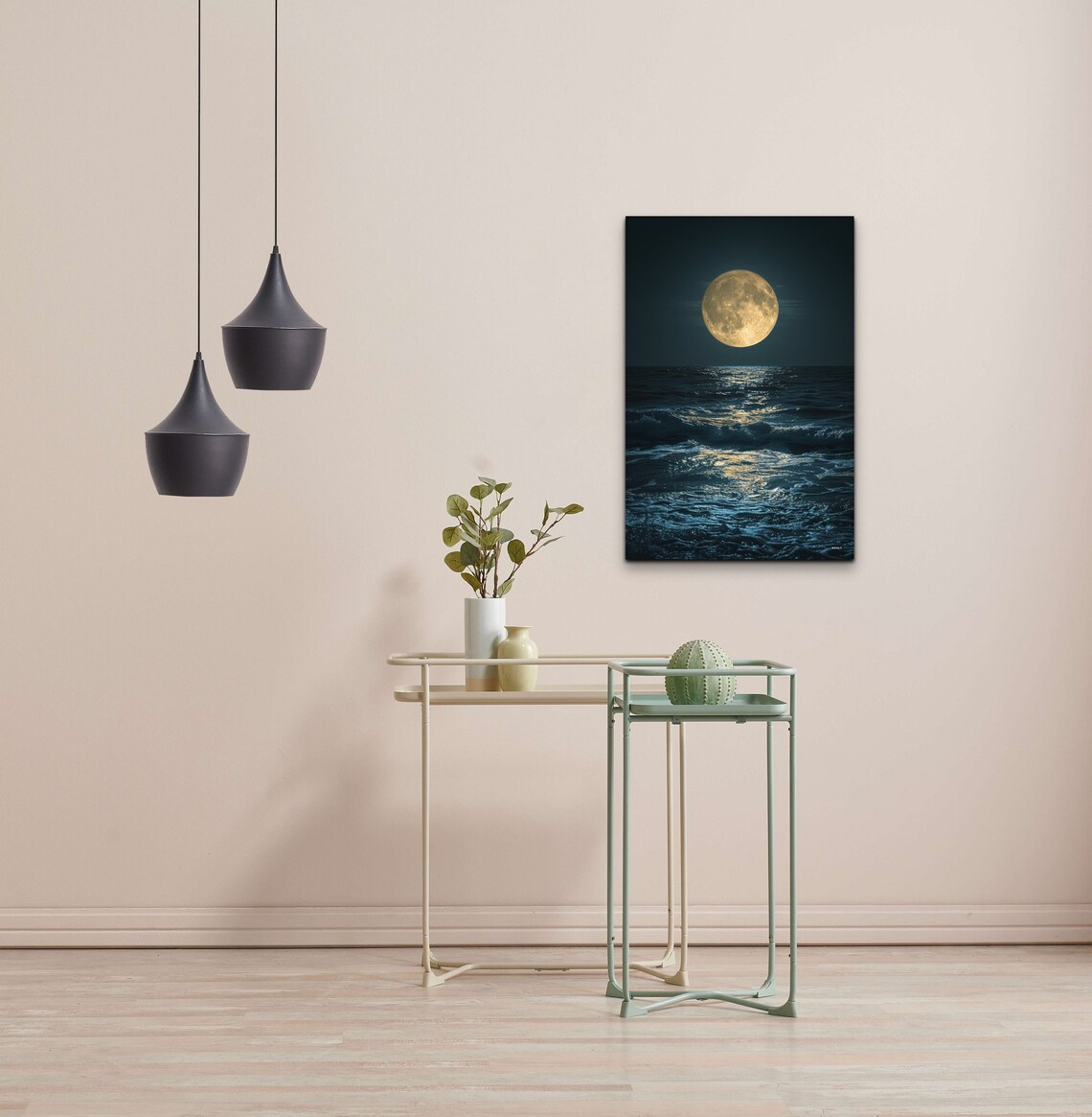 Full Moon Over Ocean Waves Night Sea Photography Panorama Wall Art - Image 4