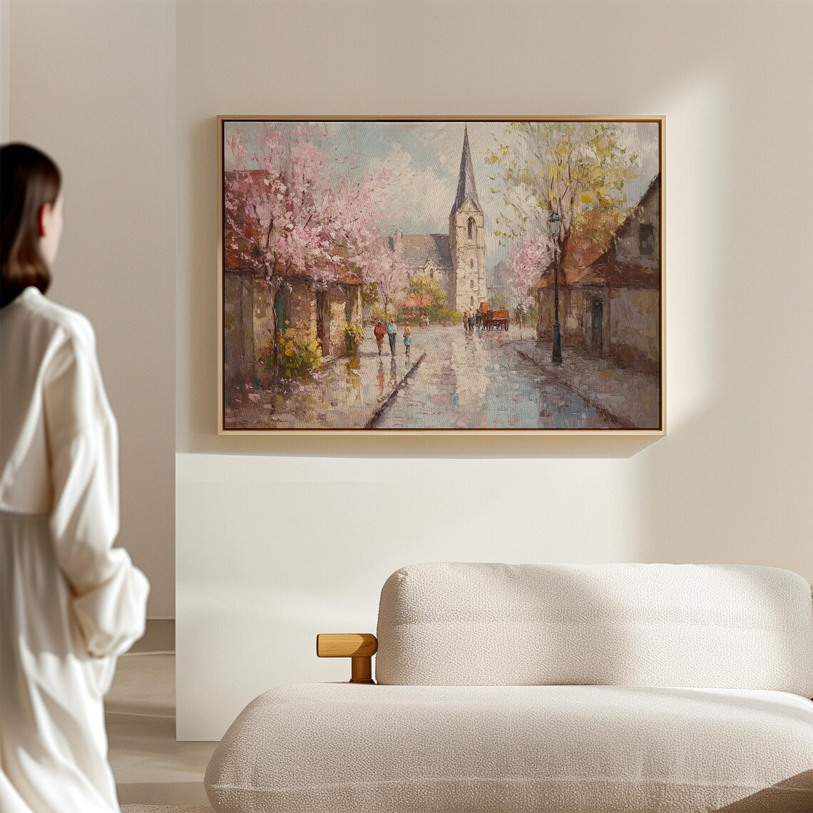 European Church Street With Cherry Blossoms Oil Painting Poster - Image 6