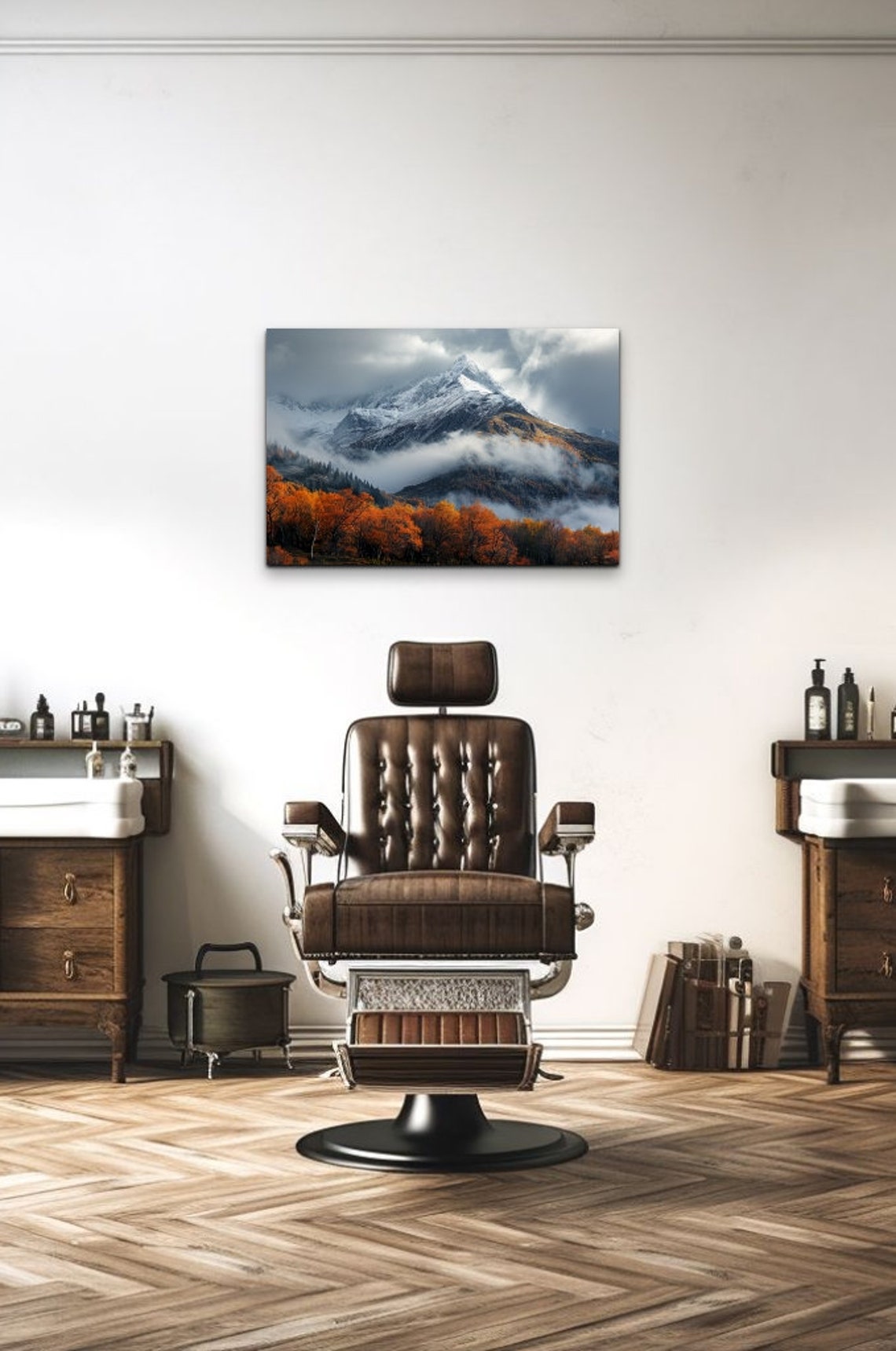 Snowcapped Mountain Peak Mist Autumn Orange Trees Landscape Wall Art - Image 7