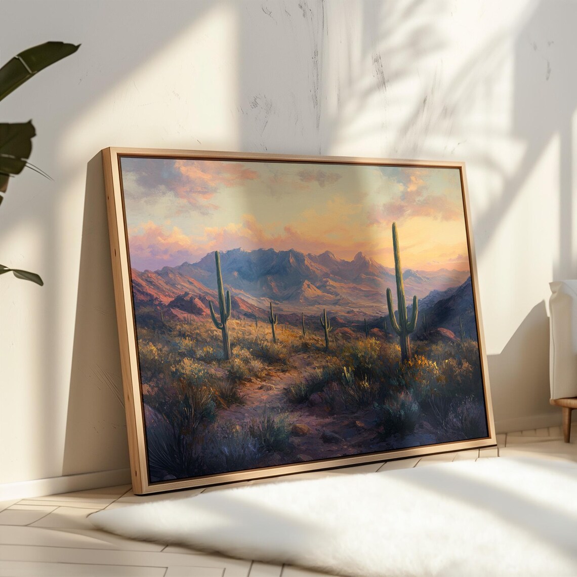 Desert Mountain Saguaro Sunset Vintage Oil Painting Landscape Poster - Image 2