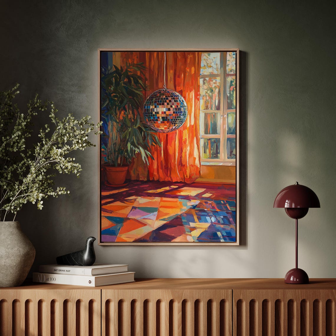 Shimmering Disco Ball in a Colorful Room With Orange Curtains Poster - Image 7
