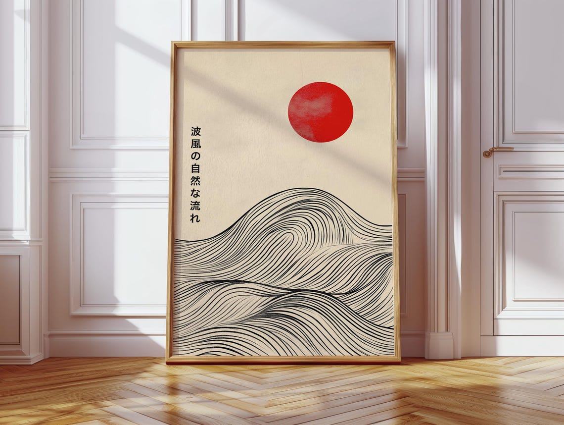 Red Sun Over Flowing Line Waves Japanese Minimalist Zen Poster - Image 2