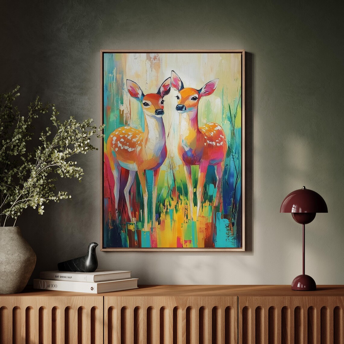 Colorful Spotted Fawn Duo Whimsical Abstract Wildlife Art Poster - Image 7