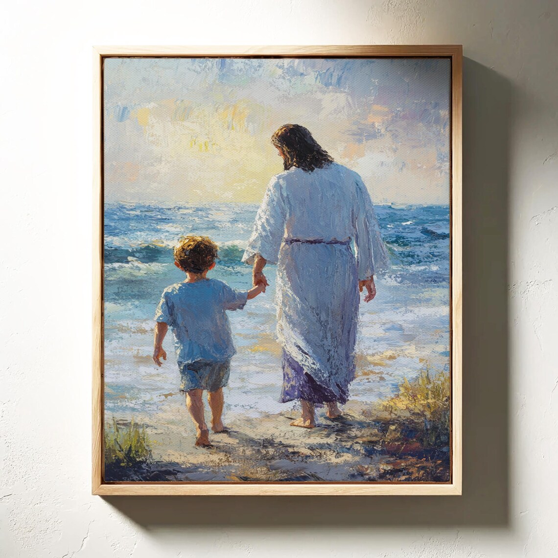 Jesus Holding Hand Of Child Walking Beach Christian Painting Poster - Image 3