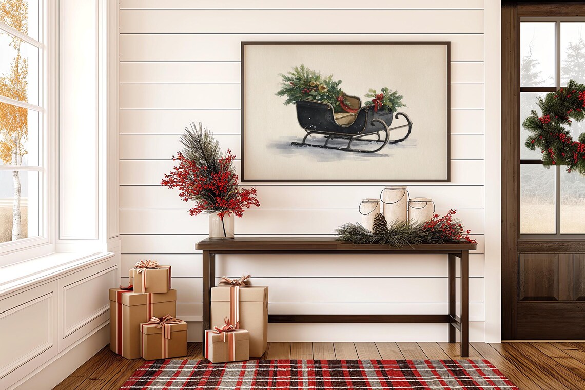 Vintage Christmas Sleigh Poster Print, Holiday Decor