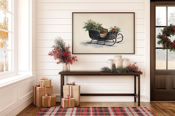 Vintage Christmas Sleigh Poster Print, Holiday Decor