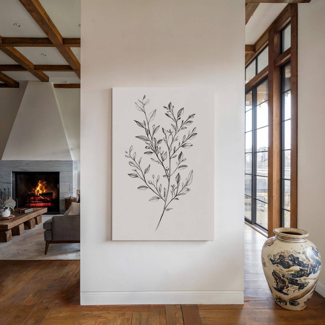 Minimalist Leafy Branch Line Art Black And White Wall Poster - Image 5