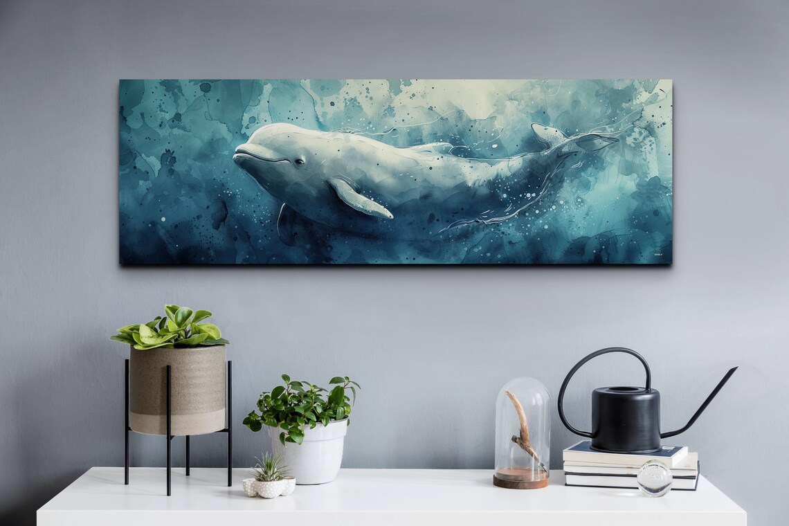Beluga Whale Teal Watercolor Underwater Glow Ocean Animal Poster - Image 6