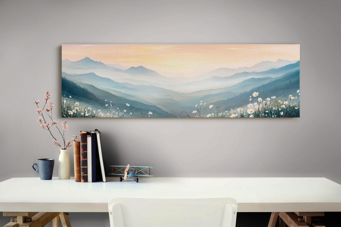 Misty Mountain Sunrise Over Wildflower Meadow Panoramic Art Poster - Image 3